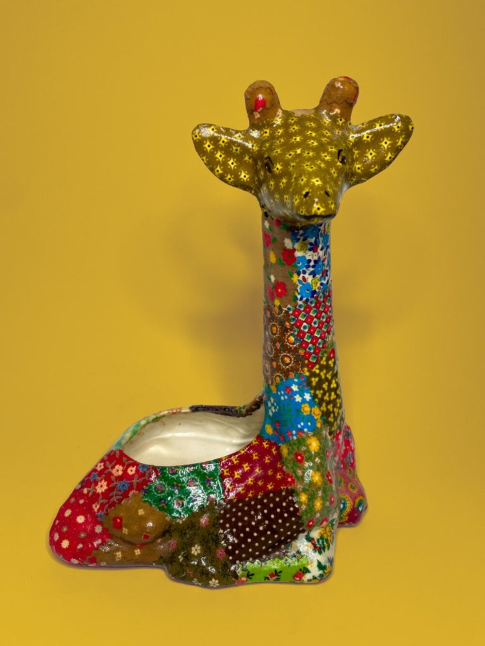 Vintage Patchwork Decoupage Ceramic Giraffe Planter